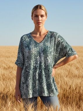 mts Sage Green & White Print V-Neck Babydoll Silhouette Tunic
